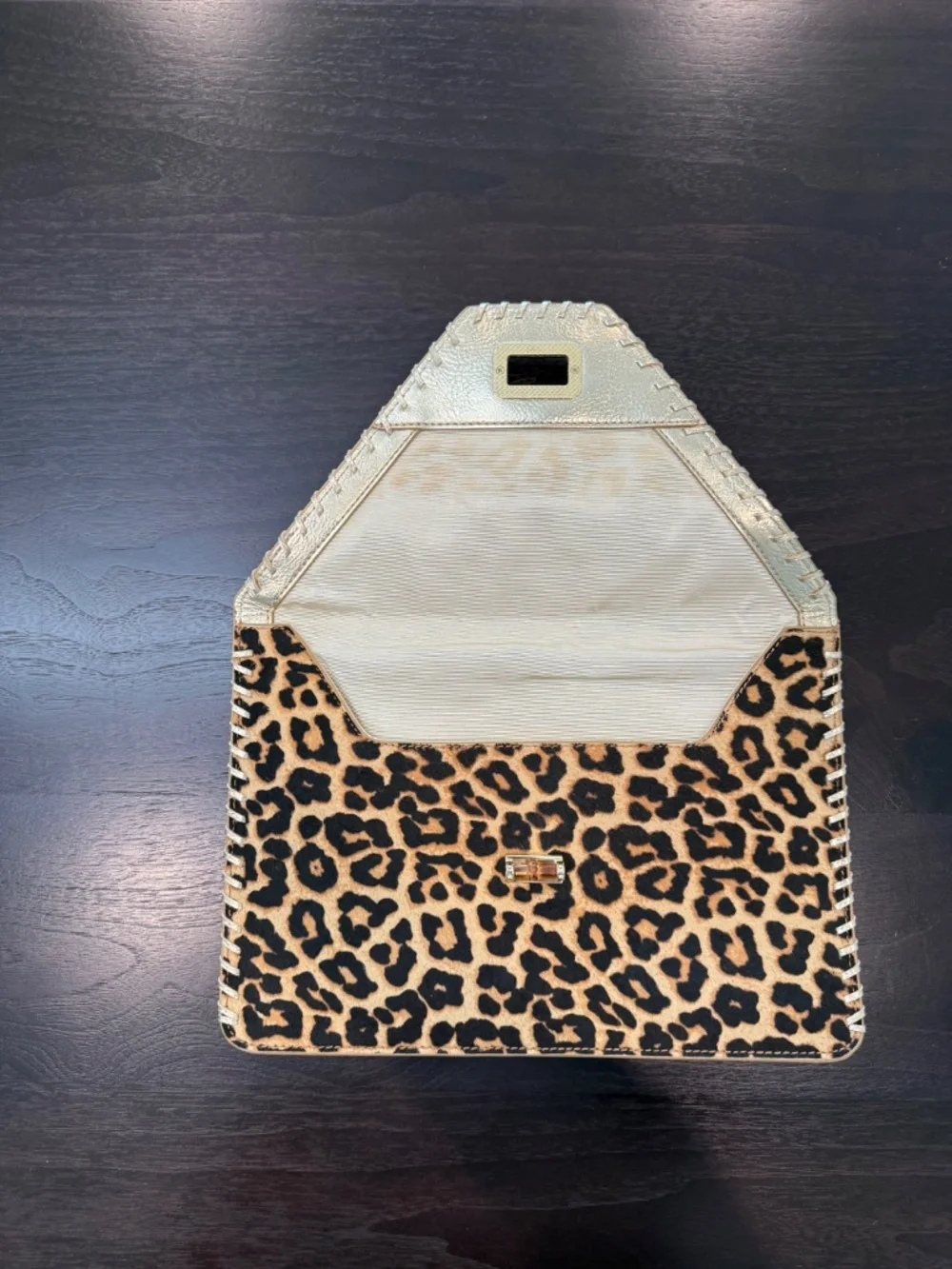 Leopard Calf Hair Envelope Clutch Gold Metallic Trim Bamboo Turn Lock